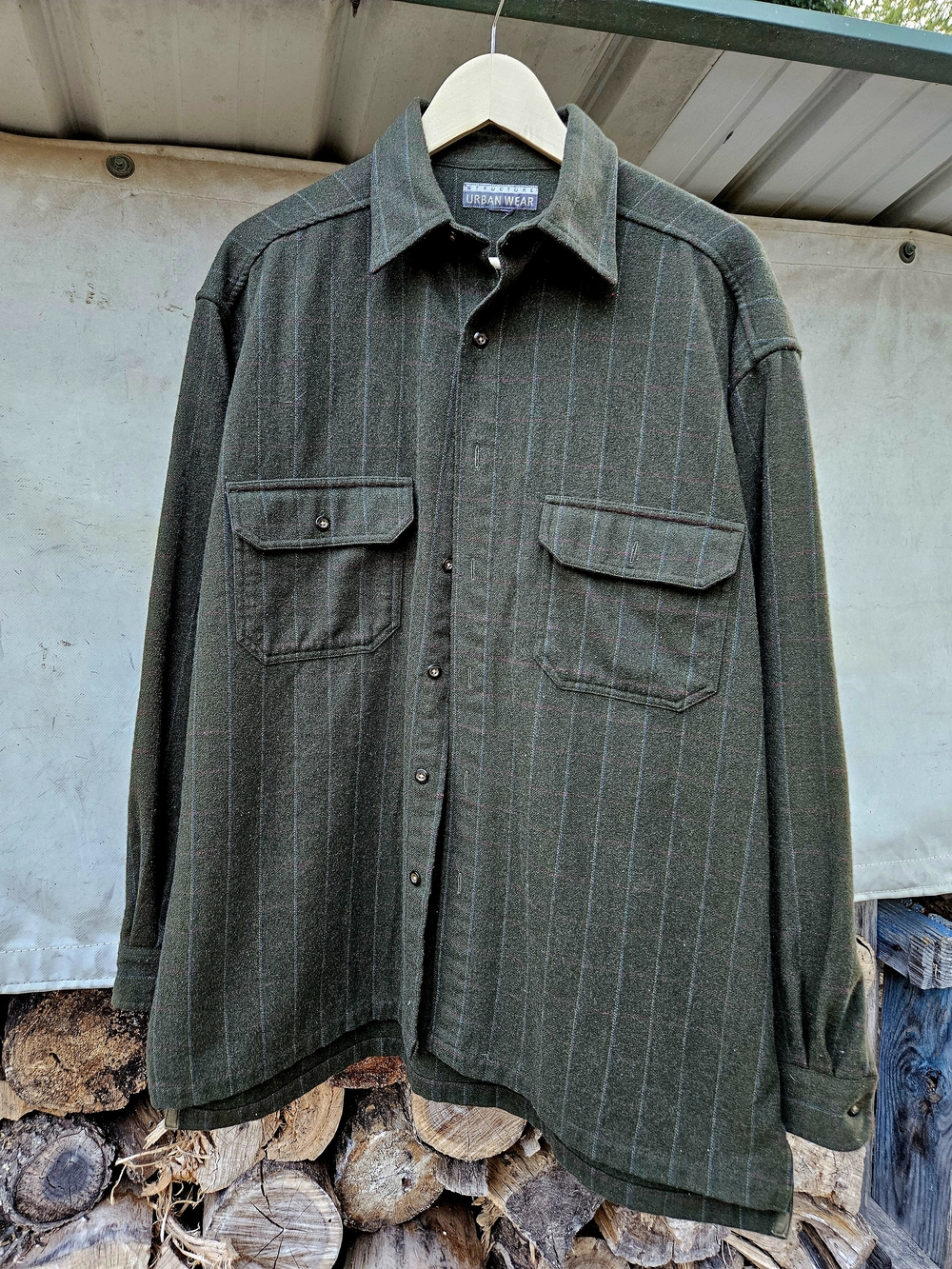 Vintage 1990s Structure Olive Green Pinstripe Heavy Wool Blend Shirt Jack LG